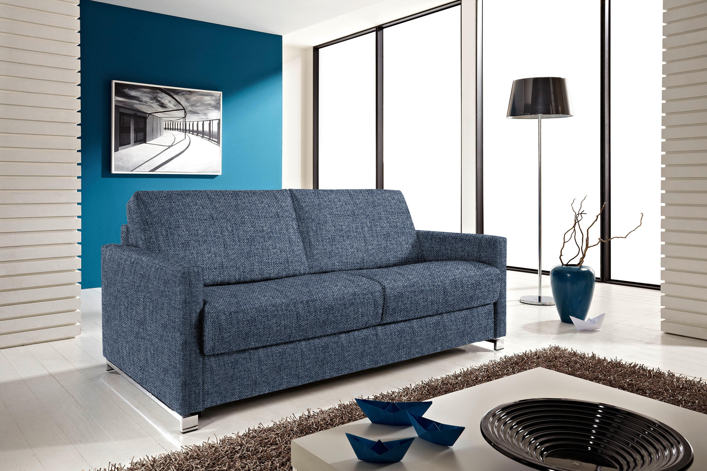 SCHLAFSOFA in Textil Blau  - Chromfarben/Blau, Design, Textil/Metall (185/84/100cm) - Bali