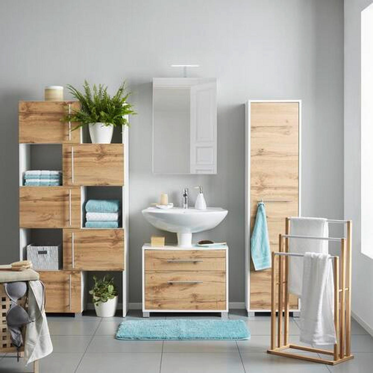 SKŘÍŇKA POD UMYVADLO, barvy dubu, bílá, 65/53/35 cm - bílá/barvy dubu, Moderní, kov/dřevo (65/53/35cm) - Welnova
