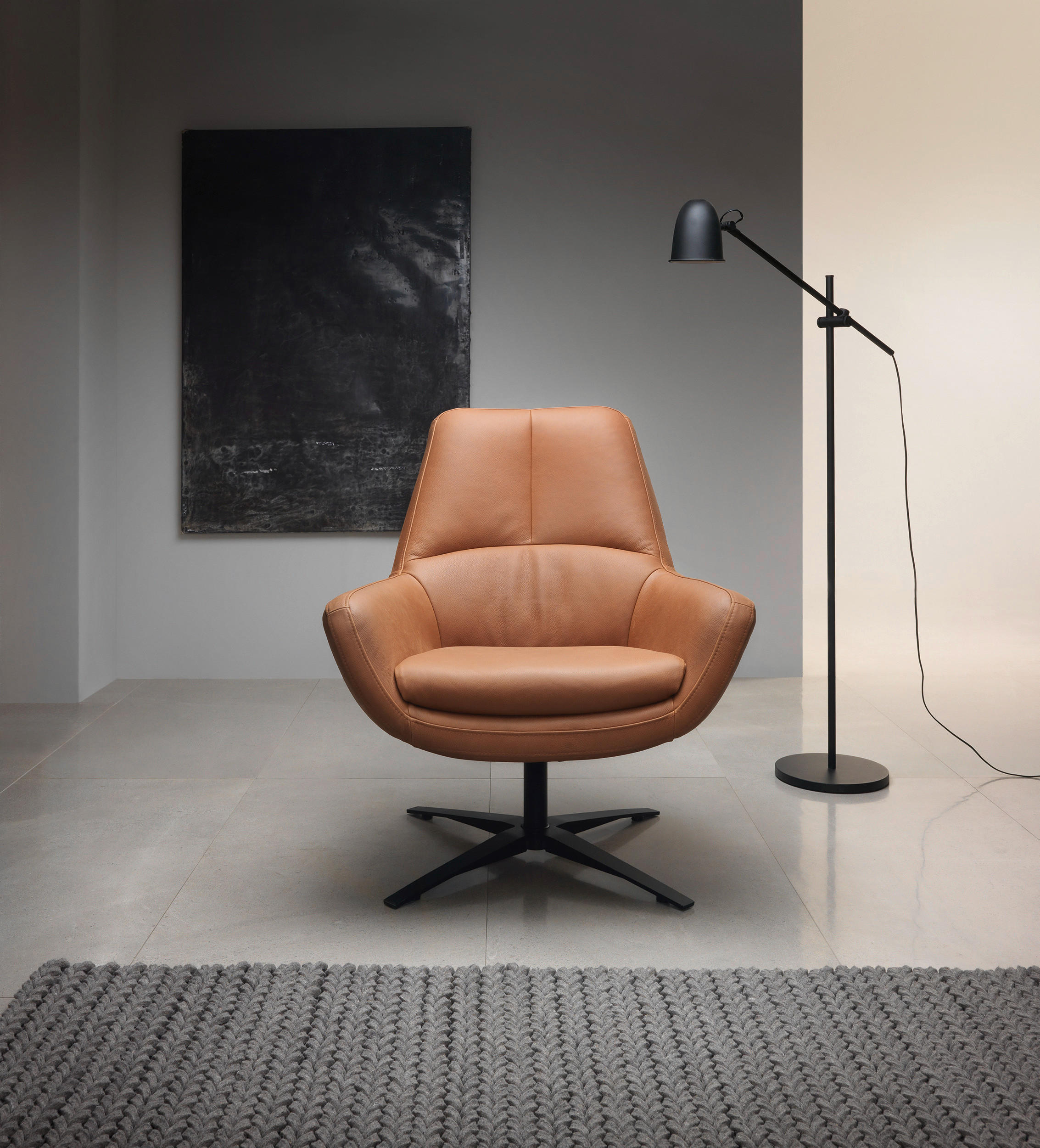 SESSEL Echtleder Cognac    - Cognac/Schwarz, MODERN, Leder/Metall (81/92/83cm) - Trendmanufaktur