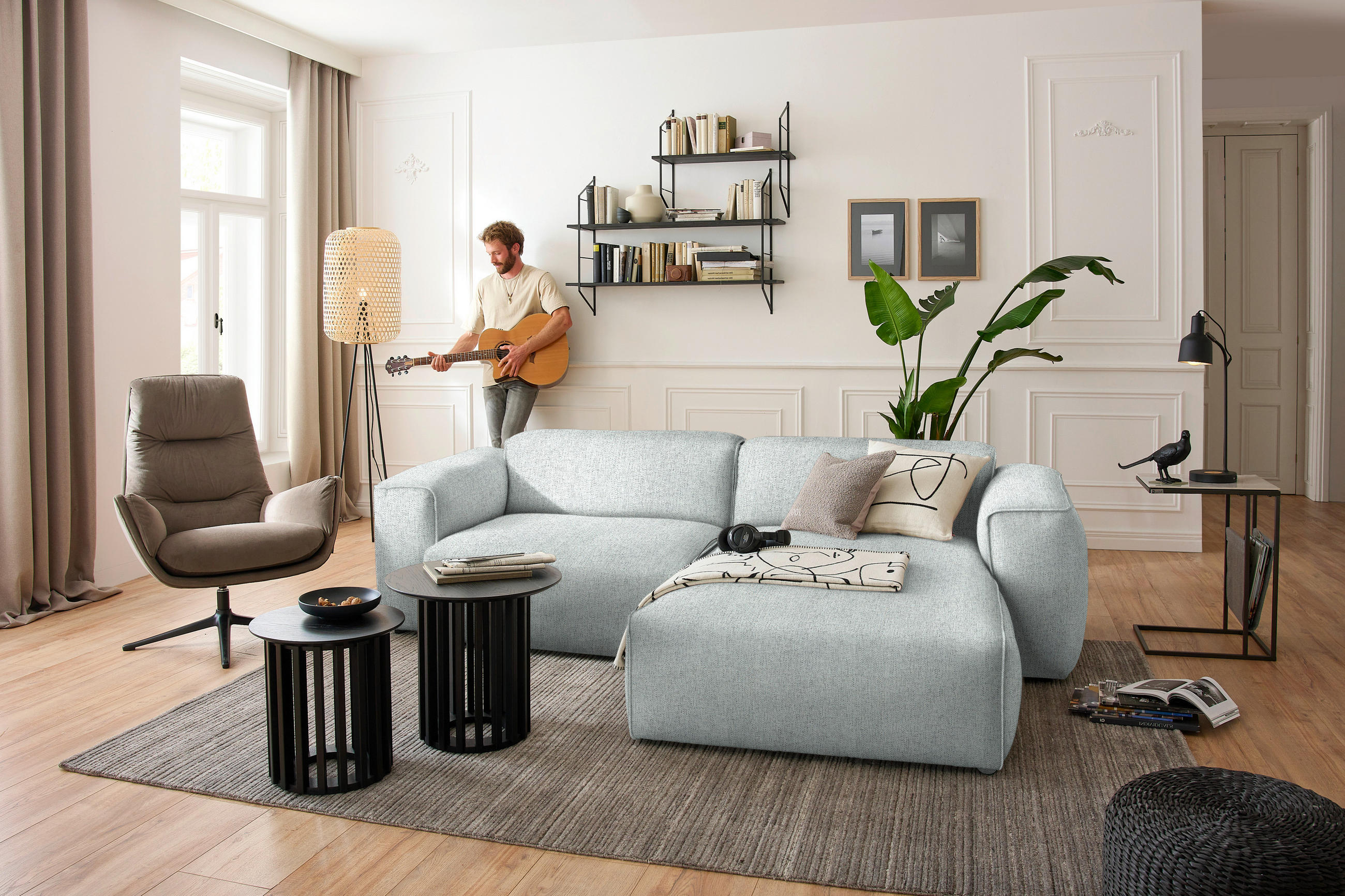 ECKSOFA in Webstoff Hellgrau  265/171 cm  - Hellgrau/Schwarz, Design, Kunststoff/Textil (265/171cm) - home24