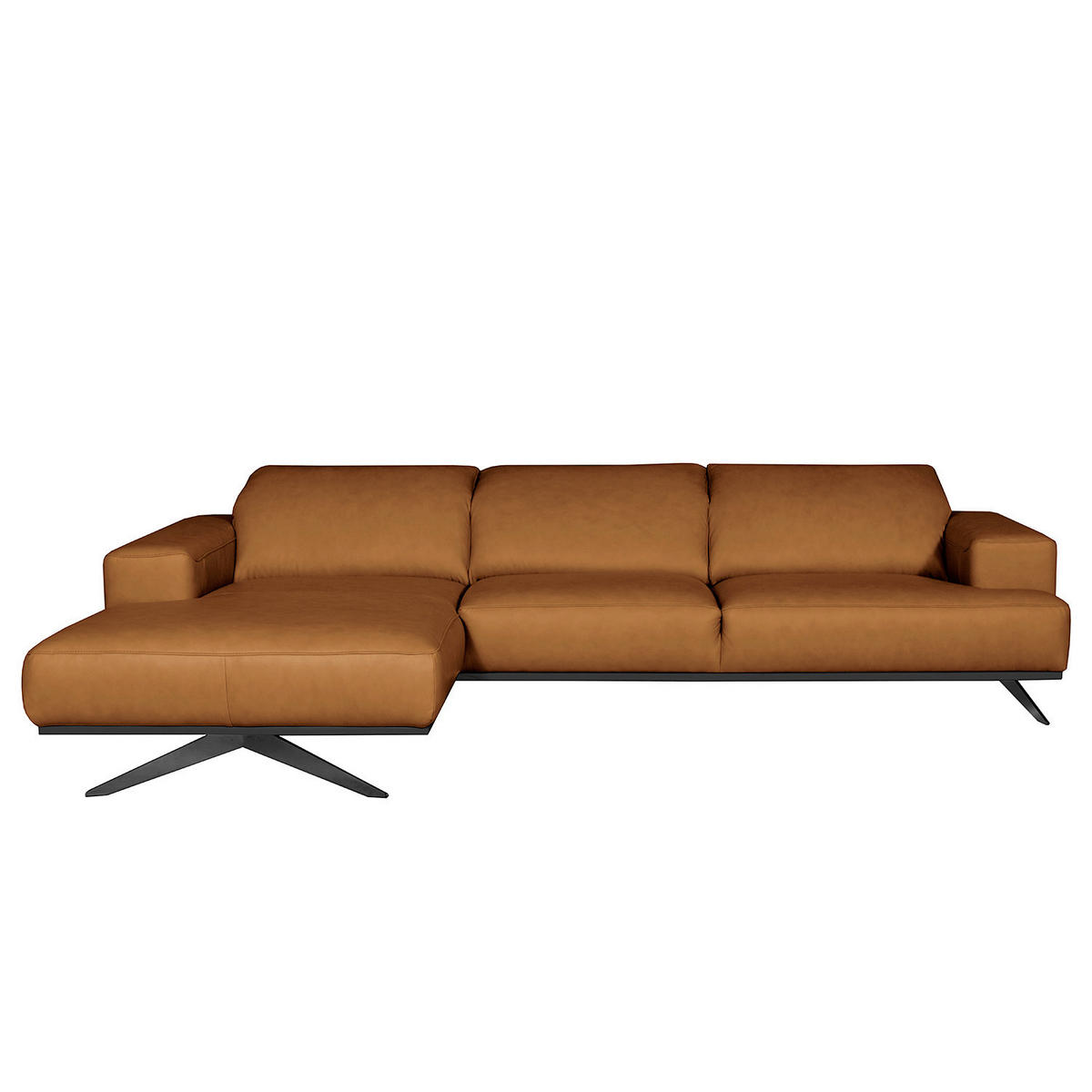 ECKSOFA Cognac Echtleder Rücken echt, Kopfteilverstellung  - Cognac/Schwarz, Design, Leder/Metall (187/295cm) - Livetastic