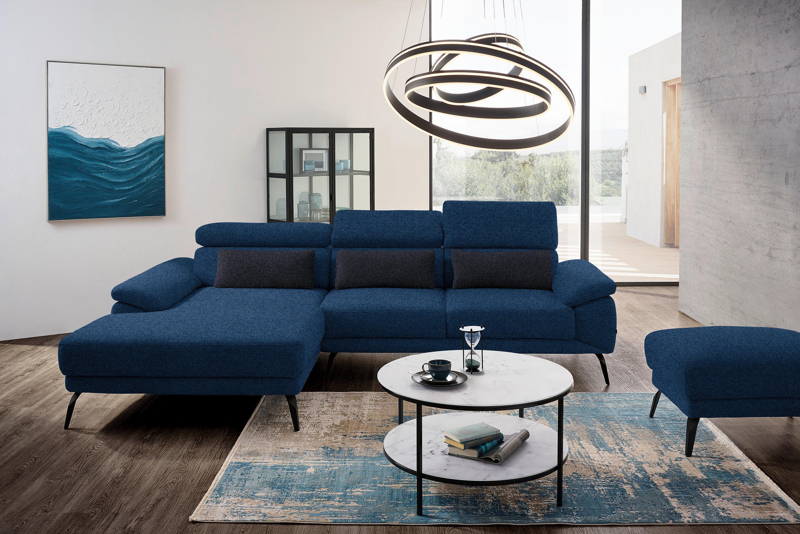 ECKSOFA in Velours Dunkelblau  - Schwarz/Dunkelblau, Design, Textil/Metall (187/295cm) - Novel