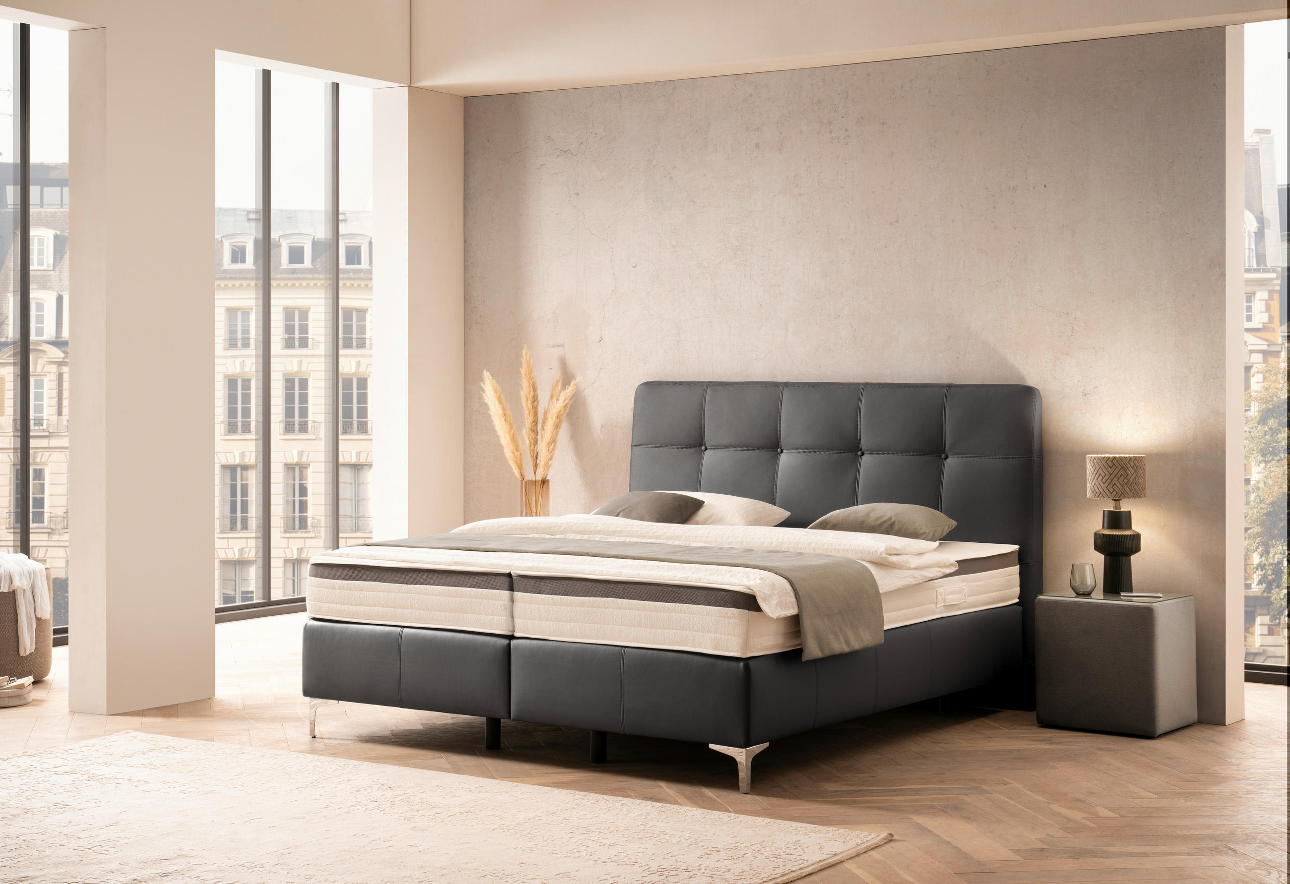LIT BOXSPRING 200/200 cm  in Schwarz  - Chromfarben/Schwarz, Basics, Leder/Holz (200/200cm) - Novel