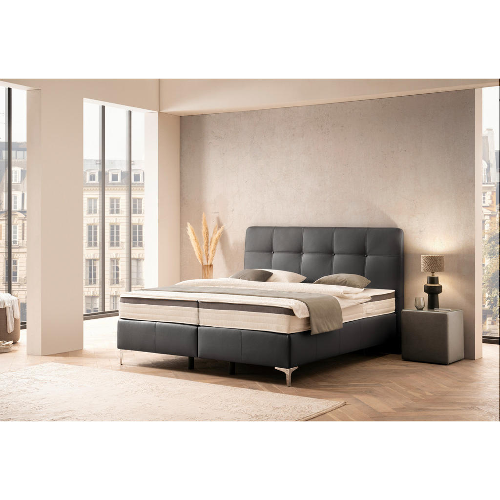 Thumbnail - Novel Boxspringbett, Schwarz, Textil, Kombination Echtleder/Lederlook, Rindleder, Fichte, Sperrholz, H2 + H4, 7-Zonen, H...