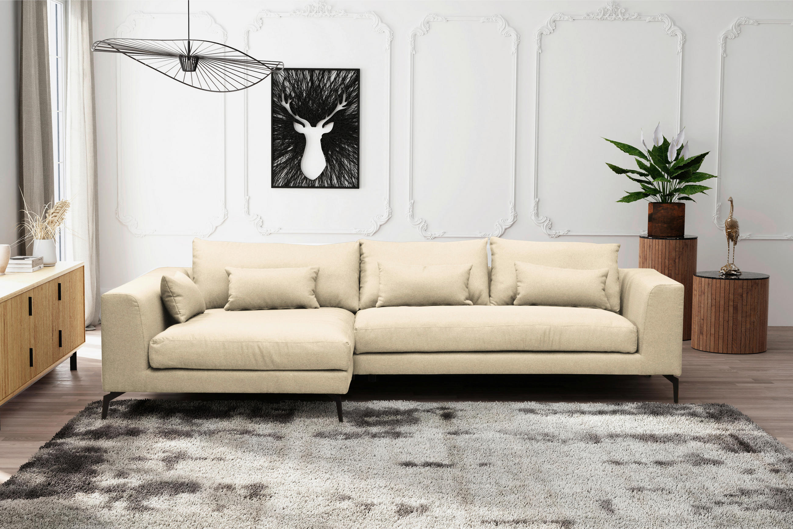 ECKSOFA Creme Webstoff  - Creme/Schwarz, Design, Textil/Metall (172/313cm) - Livetastic