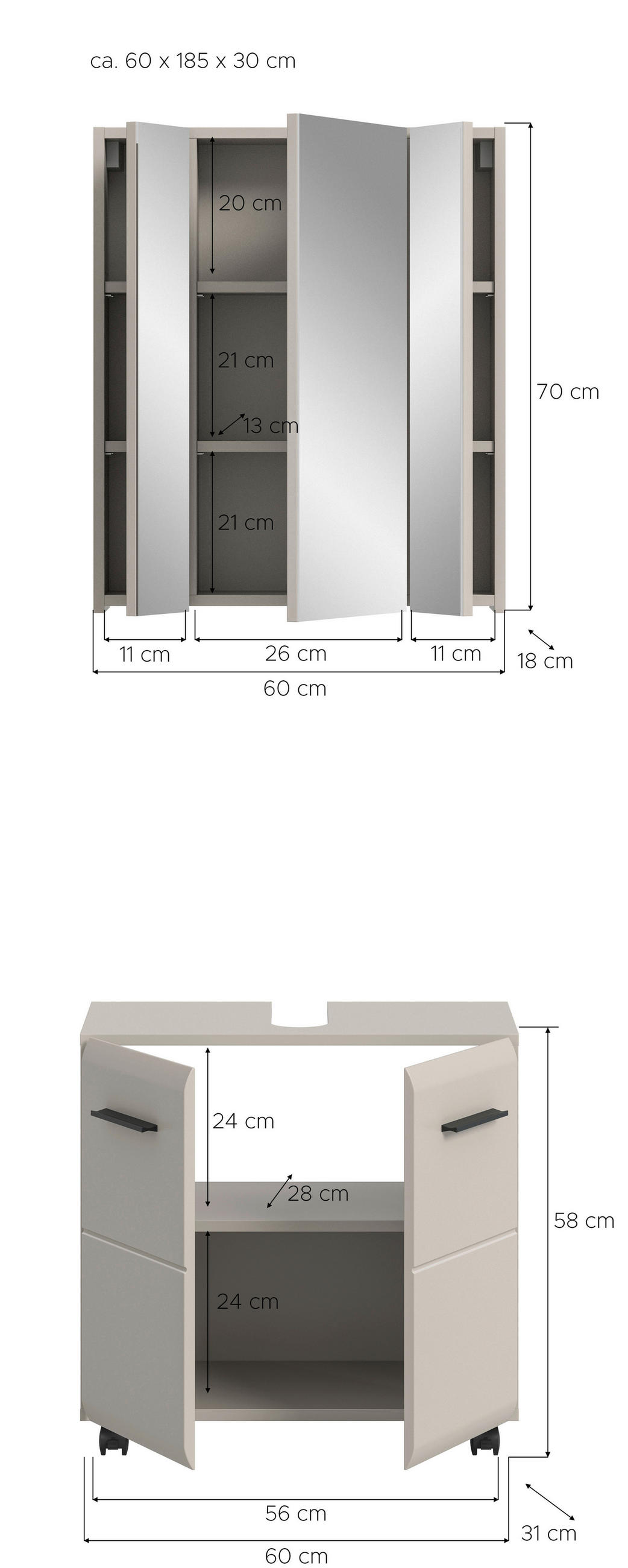 BADEZIMMER 2-teilig  in 60 cm  - Kaschmir/Schwarz, Trend, Glas/Holzwerkstoff (60cm) - MID.YOU