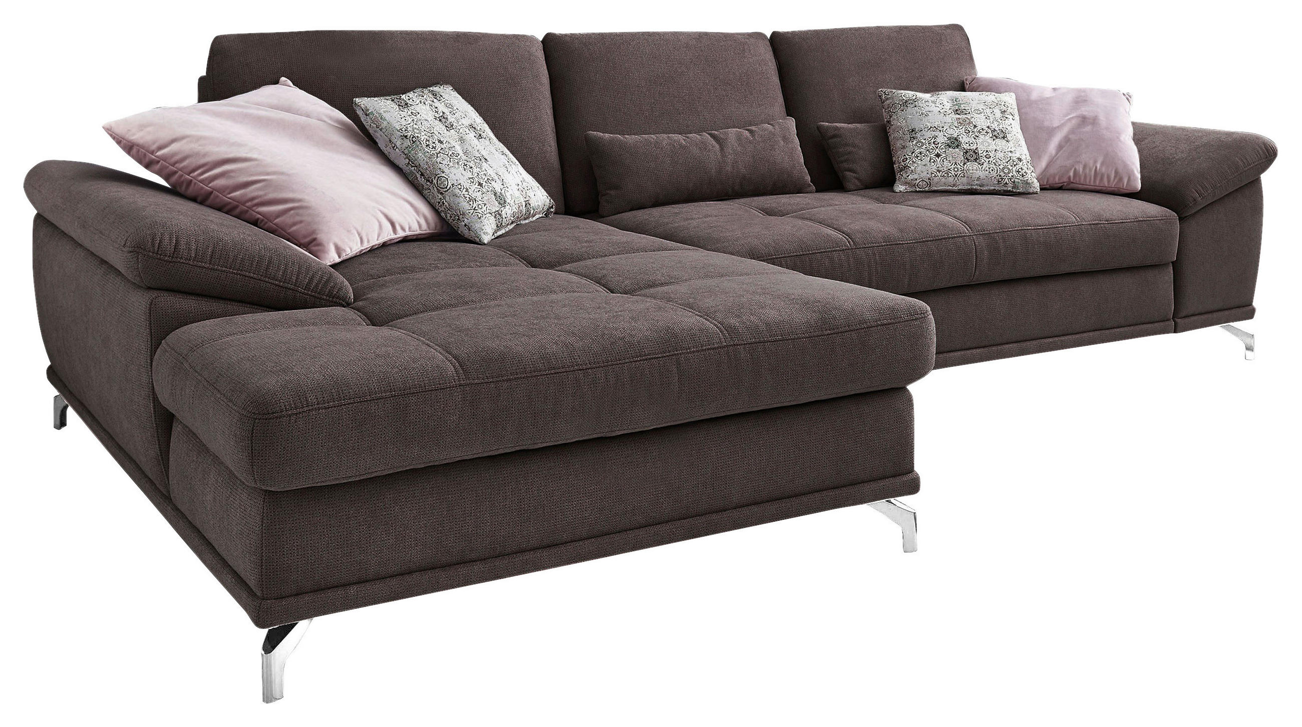 ECKSOFA in Flachgewebe Dunkelbraun  - Dunkelbraun/Silberfarben, Konventionell, Textil/Metall (176/301cm) - Sit & More