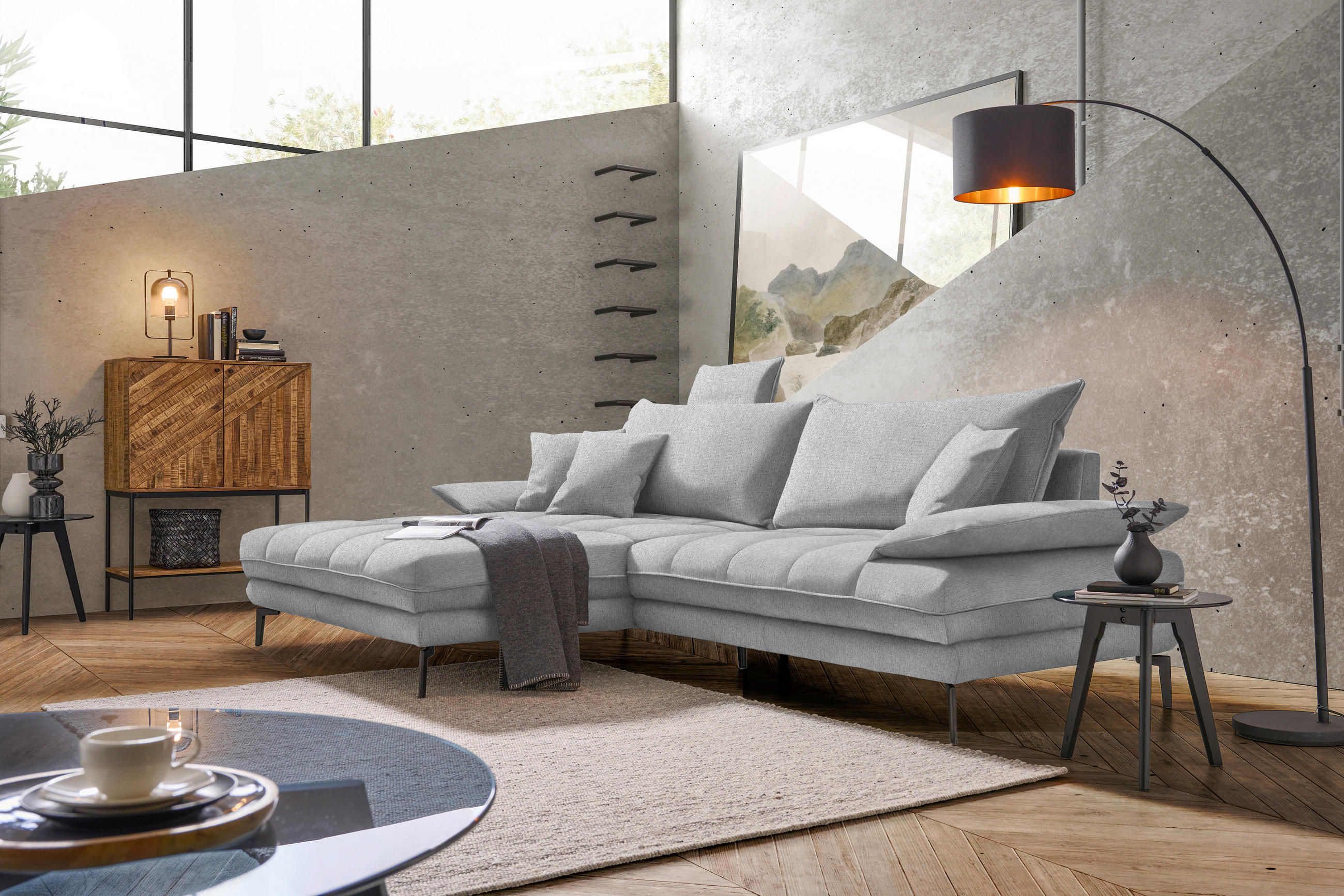 ECKSOFA PRATO Silberfarben Webstoff  - Silberfarben/Schwarz, MODERN, Textil/Metall (176/292cm) - MID.YOU