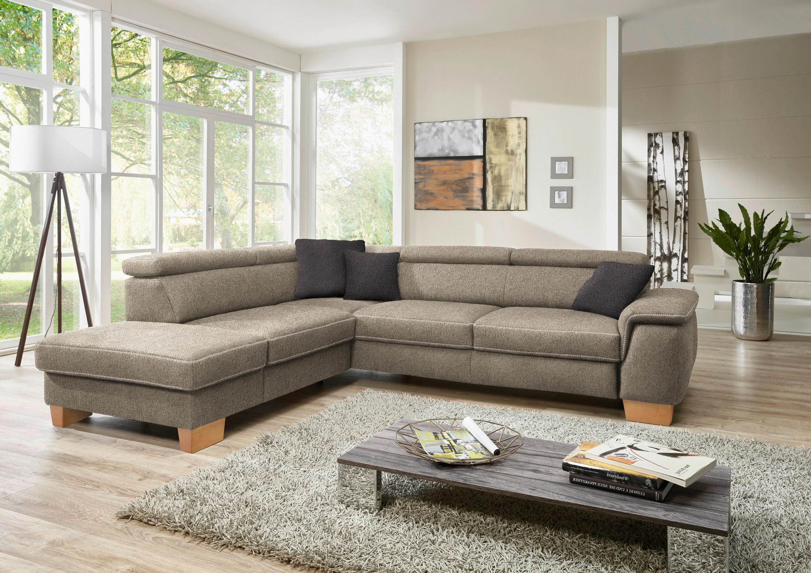 ECKSOFA in Mikrofaser Greige  - Greige/Eichefarben, Natur, Holz/Textil (226/273cm) - Beldomo System