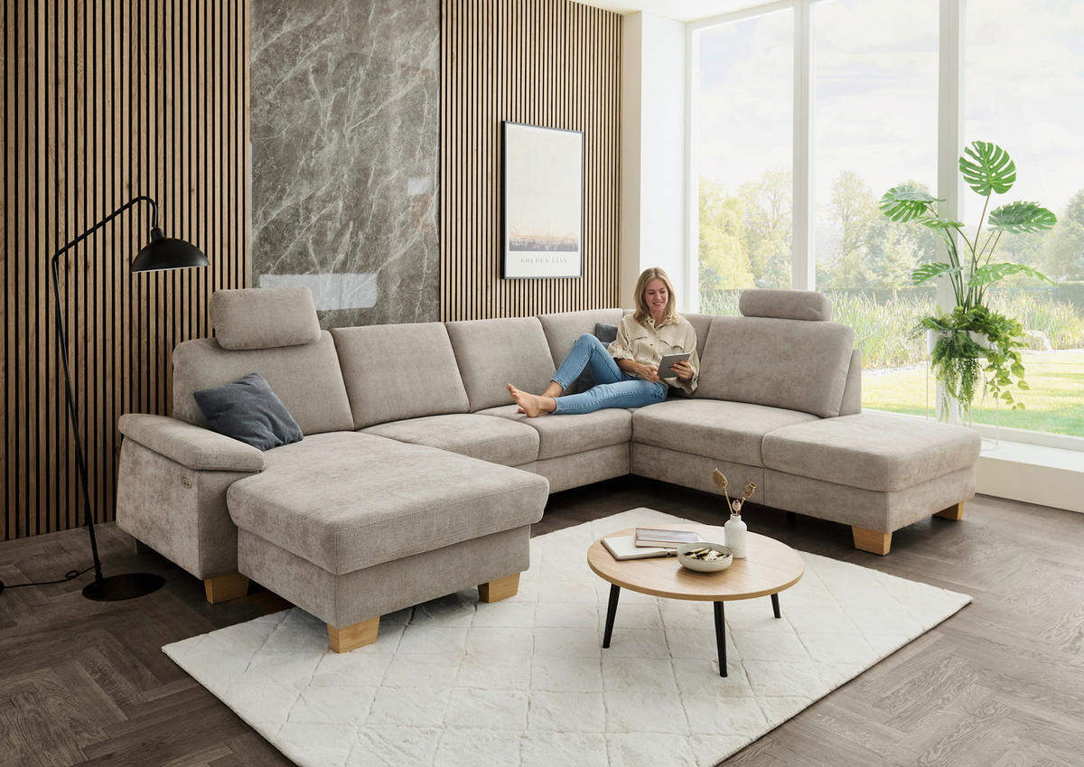 WOHNLANDSCHAFT Beldomo System in Flachgewebe Beige  - Eichefarben/Beige, KONVENTIONELL, Holz/Textil (167/316/235cm) - Beldomo System