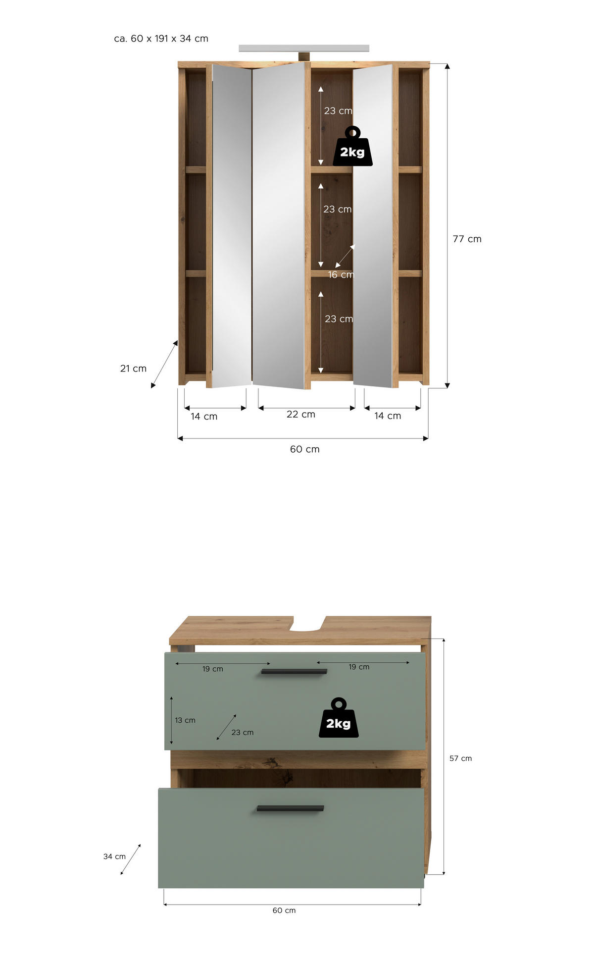BADEZIMMER 3-teilig  in 60 cm  - Salbeigrün/Schwarz, Trend, Glas/Holzwerkstoff (60cm) - MID.YOU