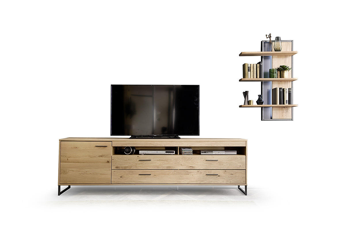 MEDIABÄNK i faner, massiv kvistek ekfärgad  - svart/ekfärgad, Design, metall/trämaterial (224/67/50cm) - Livetastic