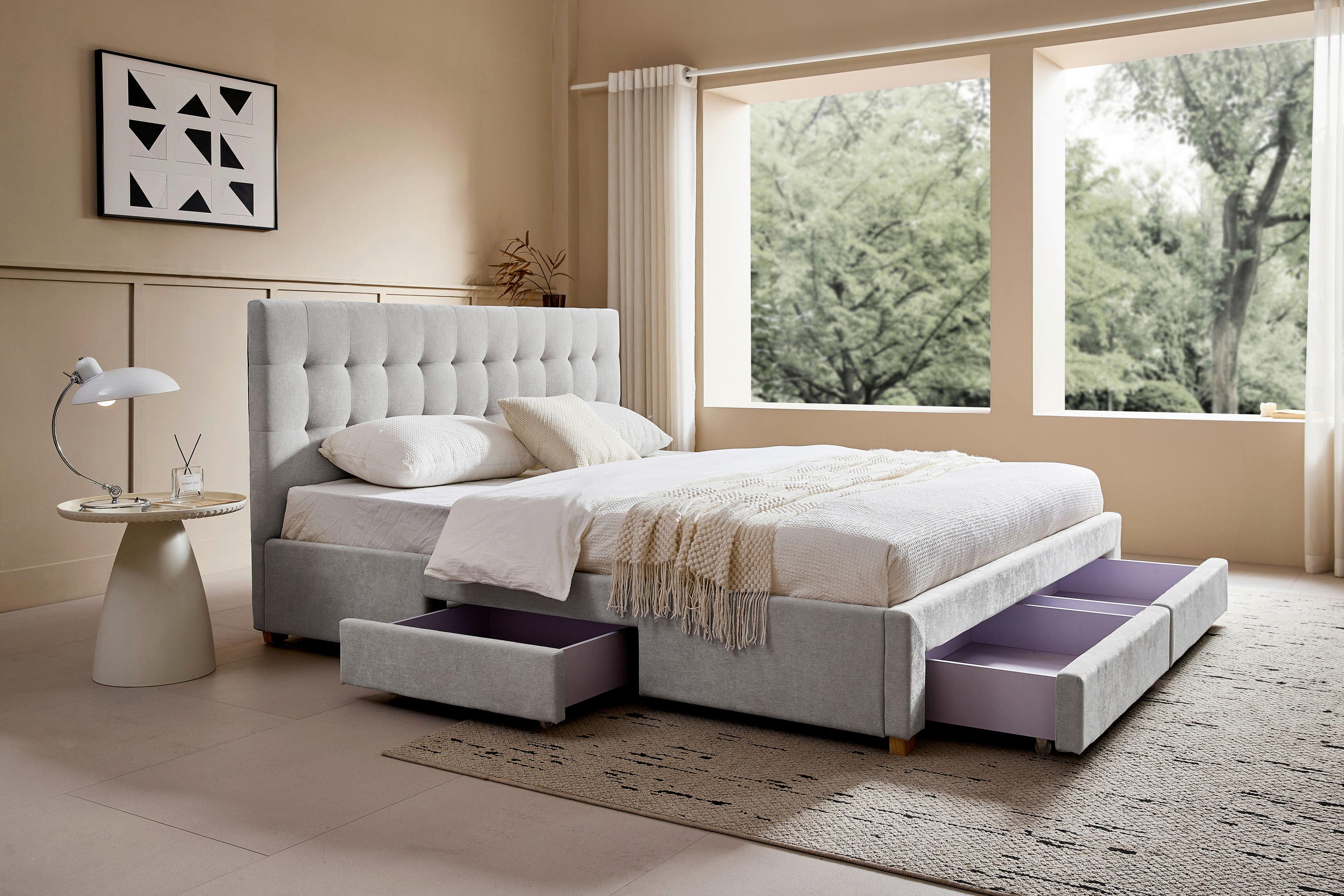 POLSTERBETT 140/200 cm, inkl. gepolstertes Kopfteil, Lattenrost, Bettschubladen,  in Hellgrau  - Hellgrau/Naturfarben, Design, Holz/Textil (140/200cm) - Boxxx