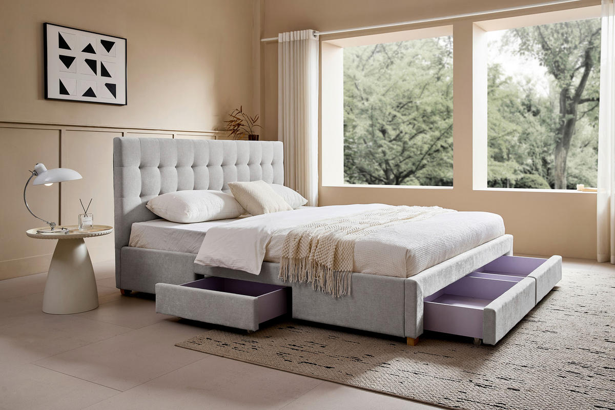 POLSTERBETT 140/200 cm, inkl. gepolstertes Kopfteil, Lattenrost, Bettschubladen,  in Hellgrau  - Hellgrau/Naturfarben, Design, Holz/Textil (140/200cm) - Boxxx