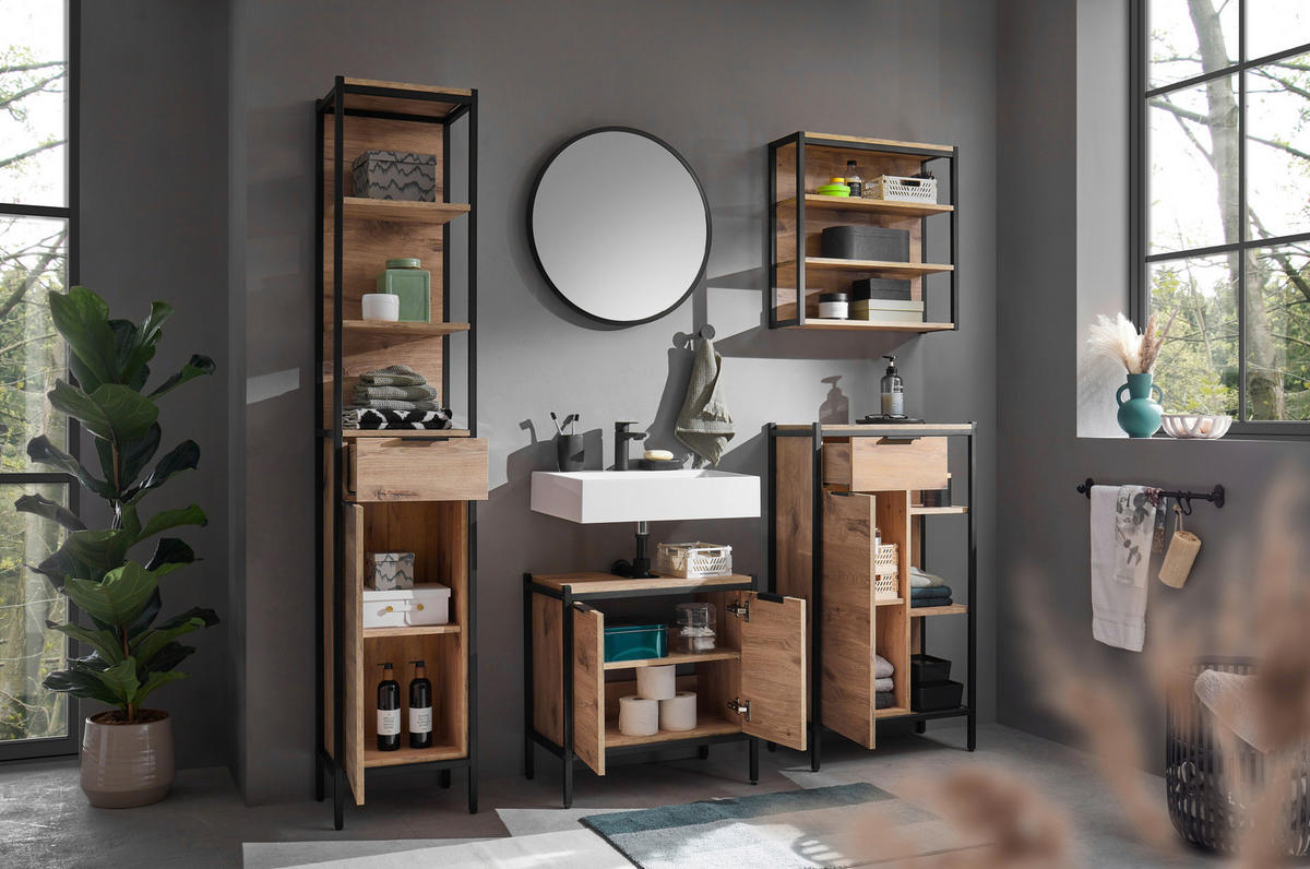 MIDISCHRANK 60/105/30 cm  - Eichefarben/Schwarz, KONVENTIONELL, Holzwerkstoff/Kunststoff (60/105/30cm) - home24