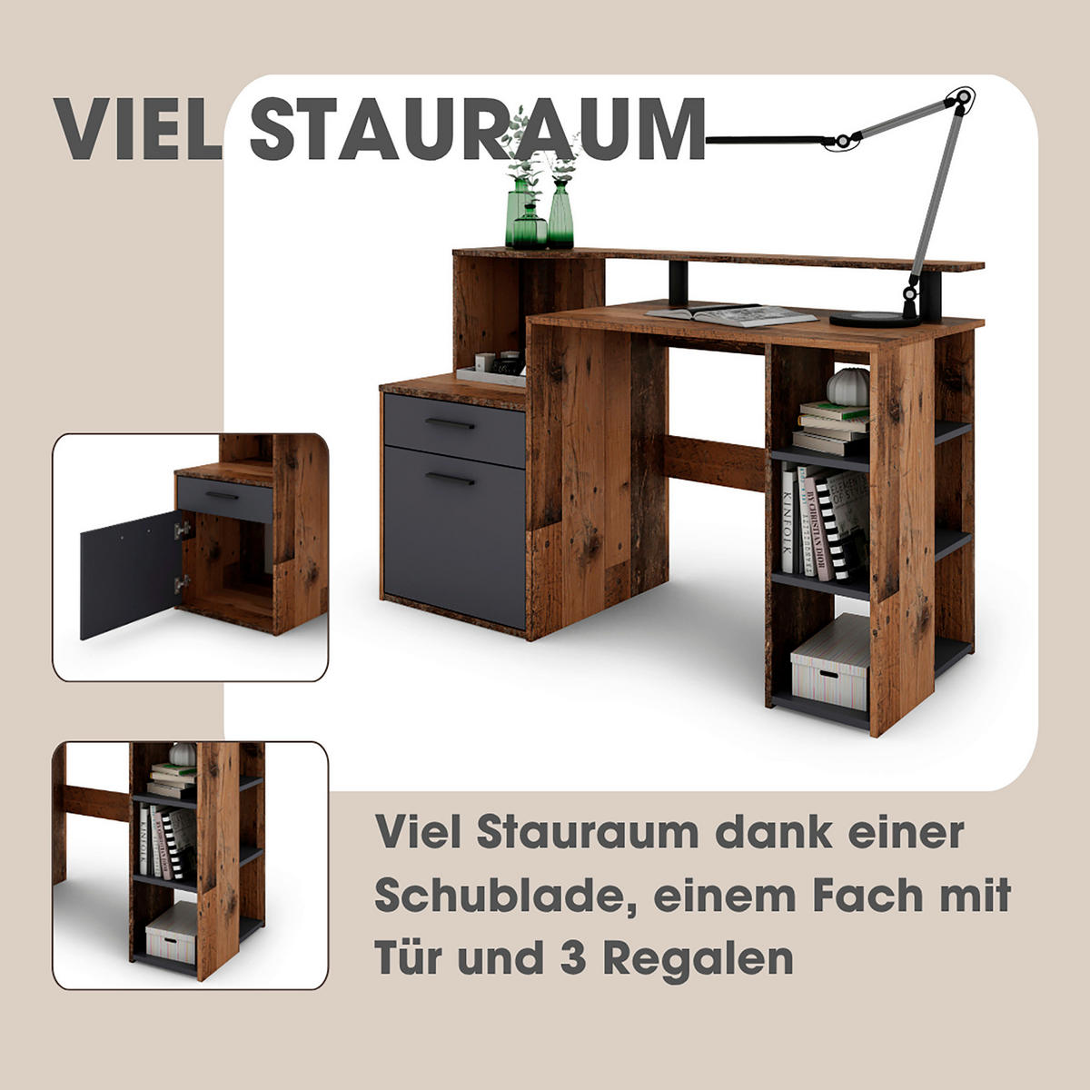SCHREIBTISCH 140/55/89 cm  in Anthrazit, Alteiche  - Alteiche/Anthrazit, MODERN, Holzwerkstoff/Kunststoff (140/55/89cm) - MID.YOU