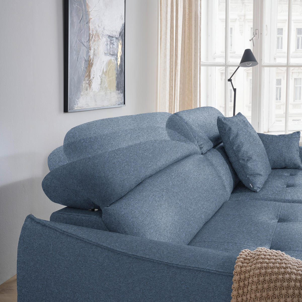 ECKSOFA MANTA in Flachgewebe Blau Bettkasten, Rücken echt, Relaxfunktion, Kopfteilverstellung  175/246 cm  - Blau/Schwarz, Design, Textil/Metall (175/246cm) - Celina