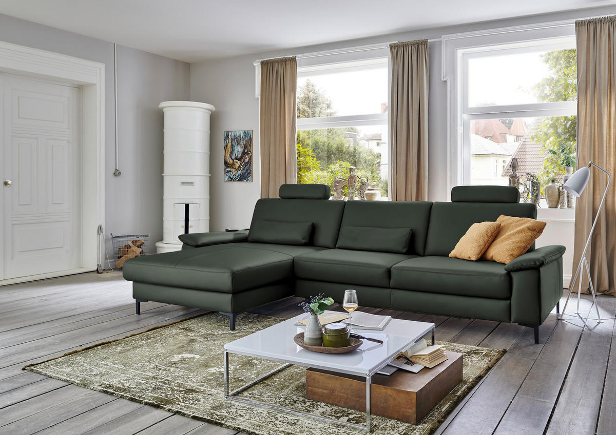 ECKSOFA in Echtleder Dunkelgrün  - Dunkelgrün/Schwarz, Design, Leder/Metall (176/334cm) - Dieter Knoll