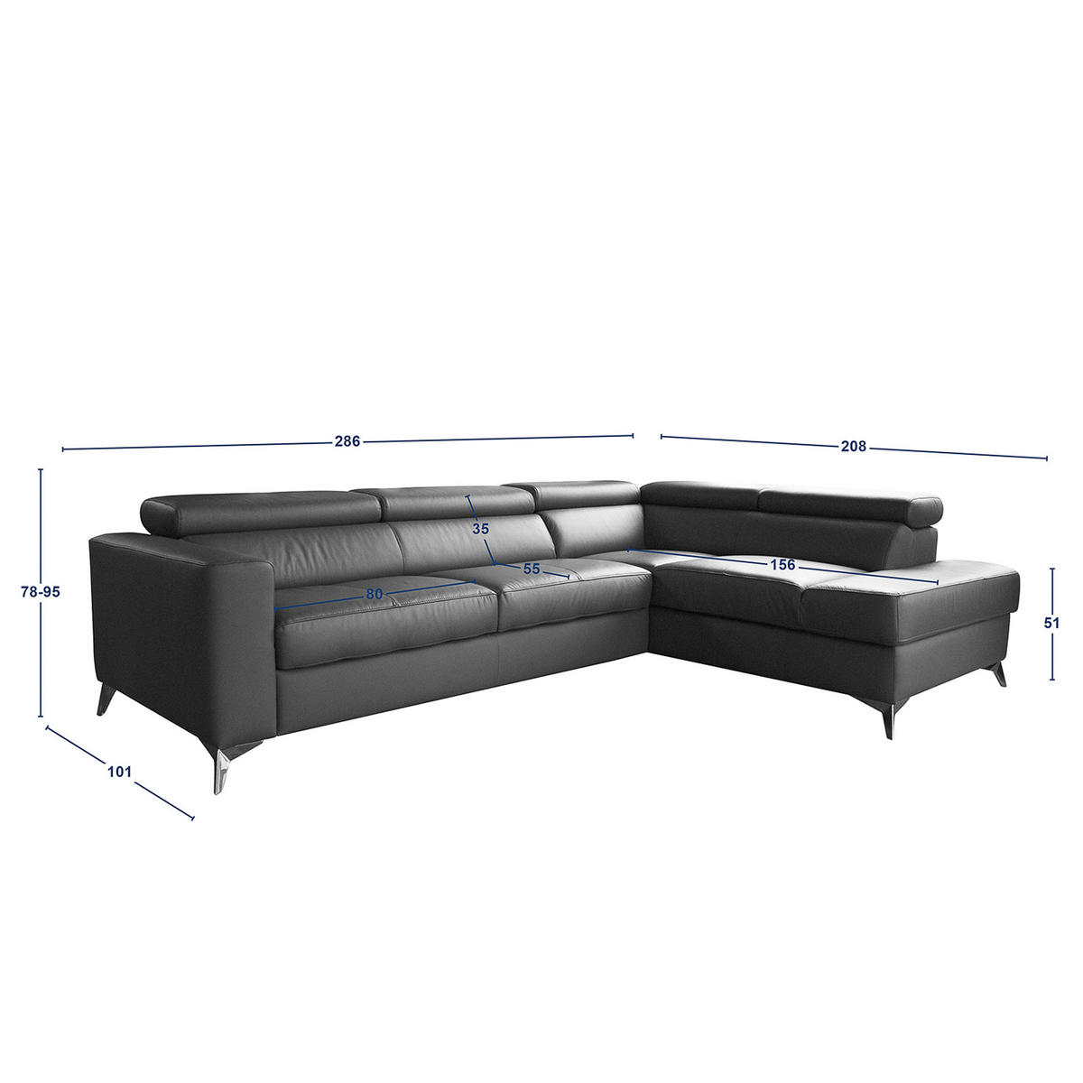 ECKSOFA MONDO Schwarz Echtleder Lederlook  - Chromfarben/Schwarz, Design, Leder/Textil (286/208cm) - Livetastic