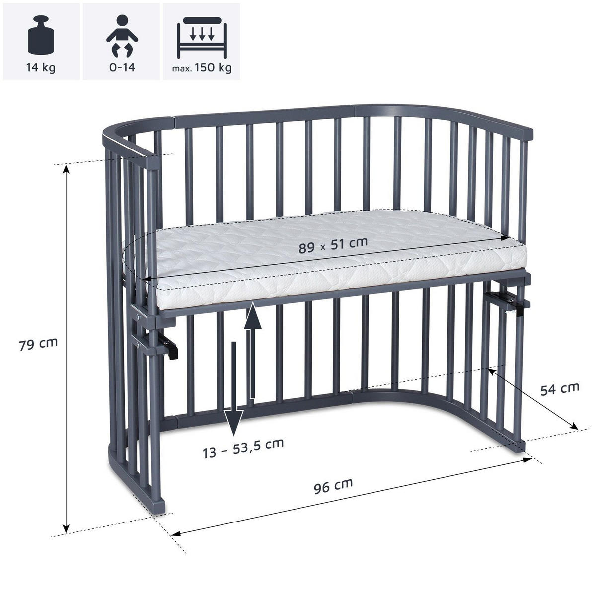 BEISTELLBETT BABYBAY MAXI 94/54/79 cm  - Schieferfarben/Grau, Basics, Holz (94/54/79cm) - Babybay