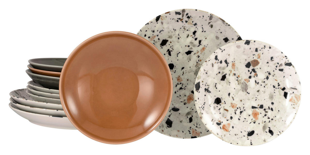 TAFELSERVICE Terrazzo Mix 12-teilig  - Koralle/Multicolor, Basics, Keramik - Creatable
