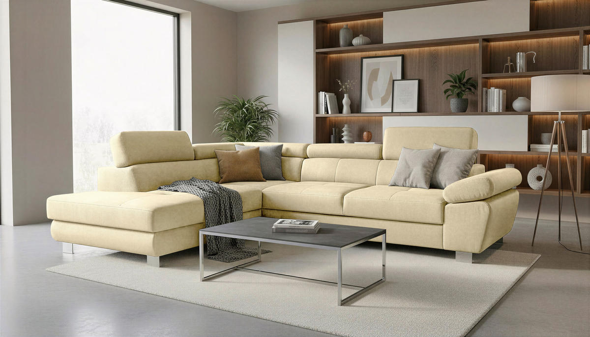 ECKSOFA Beige Webstoff Bettkasten, Schlaffunktion, Rücken echt, Armteilverstellung, Kopfteilverstellung  - Chromfarben/Beige, MODERN, Textil/Metall (205/278cm) - Stylife