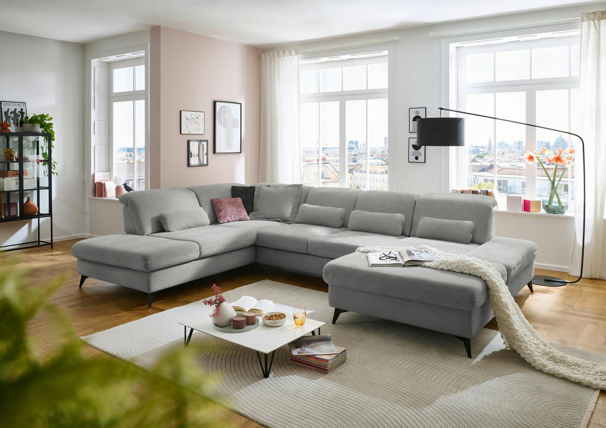 WOHNLANDSCHAFT Chenille Greige  - Greige/Schwarz, Design, Textil/Metall (255/364/198cm) - Beldomo Style