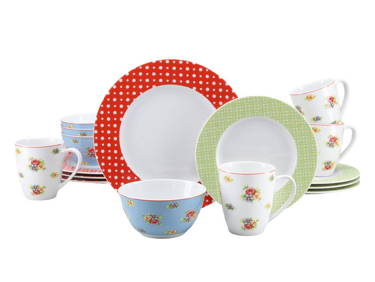 KOMBISERVICE Blau, Gelb, Grün, Rot, Weiß 16-teilig 4 Personen  - Blau/Gelb, Keramik (32/31,5/33cm) - Creatable