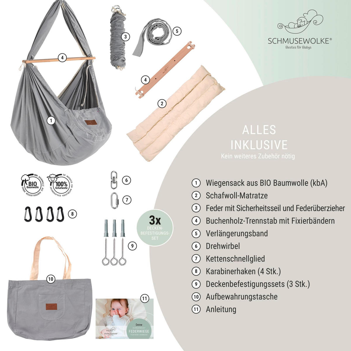 FEDERWIEGE Set inkl. Deckenbefestigung Buche  Grau  - Grau, Basics, Holz/Textil (137/30/147cm) - SCHMUSEWOLKE