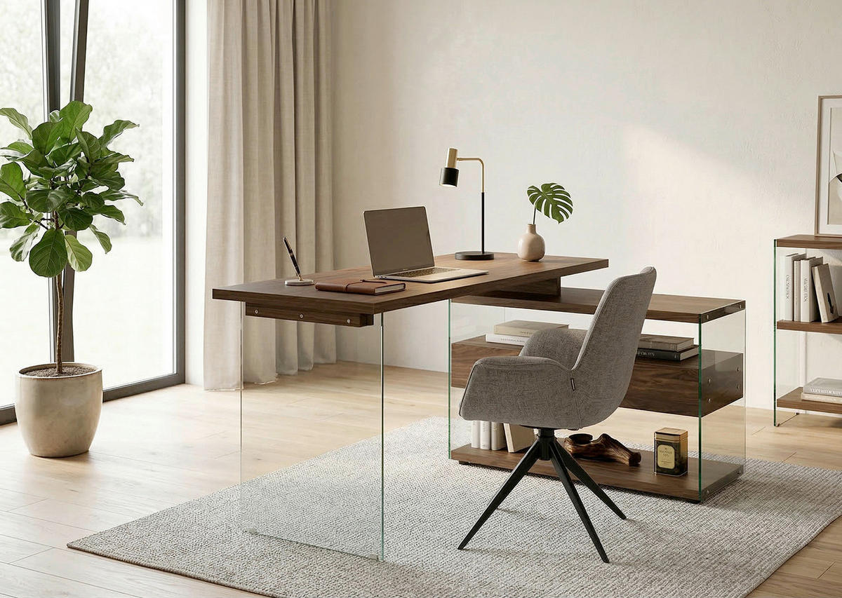 ECKSCHREIBTISCH 145/100/76 cm Walnussfarben Stauraum, seitenverkehrt montierbar  - Eichefarben/Walnussfarben, Design, Glas/Holzwerkstoff (145/100/76cm) - MID.YOU