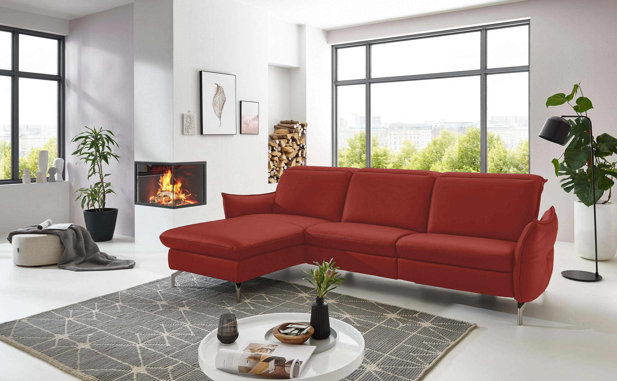 ECKSOFA Rot Lederlook (vegan)  - Rot/Nickelfarben, MODERN, Textil/Metall (179/233cm) - Livetastic