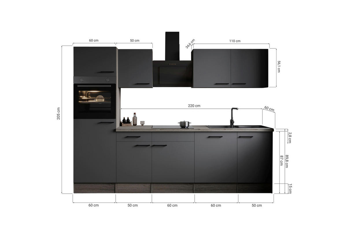 KÜCHENBLOCK 280 cm   in Grau, Eichefarben  - Eichefarben/Schwarz, Design, Holzwerkstoff/Metall (280cm) - Respekta