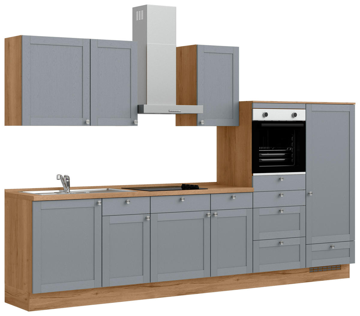 KÜCHENLEERBLOCK Frame 330 cm  in Eichefarben, Blaugrau  - Edelstahlfarben/Eichefarben, MODERN, Holzwerkstoff/Metall (330cm) - Nobilia
