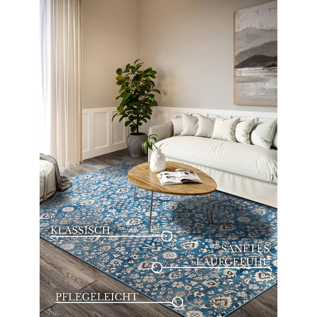 Thumbnail - Villeroy & Boch Flachwebeteppich Kollektion 1869, Blau, Creme, Textil, orientalisch, rechteckig, 160x235 cm, Oeko-Tex® S...