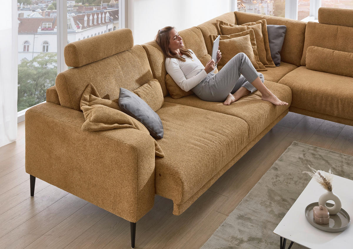 HÖRNSOFFA i chenille senapsgul  - svart/senapsgul, Design, metall/textil (303/254cm) - Dieter Knoll