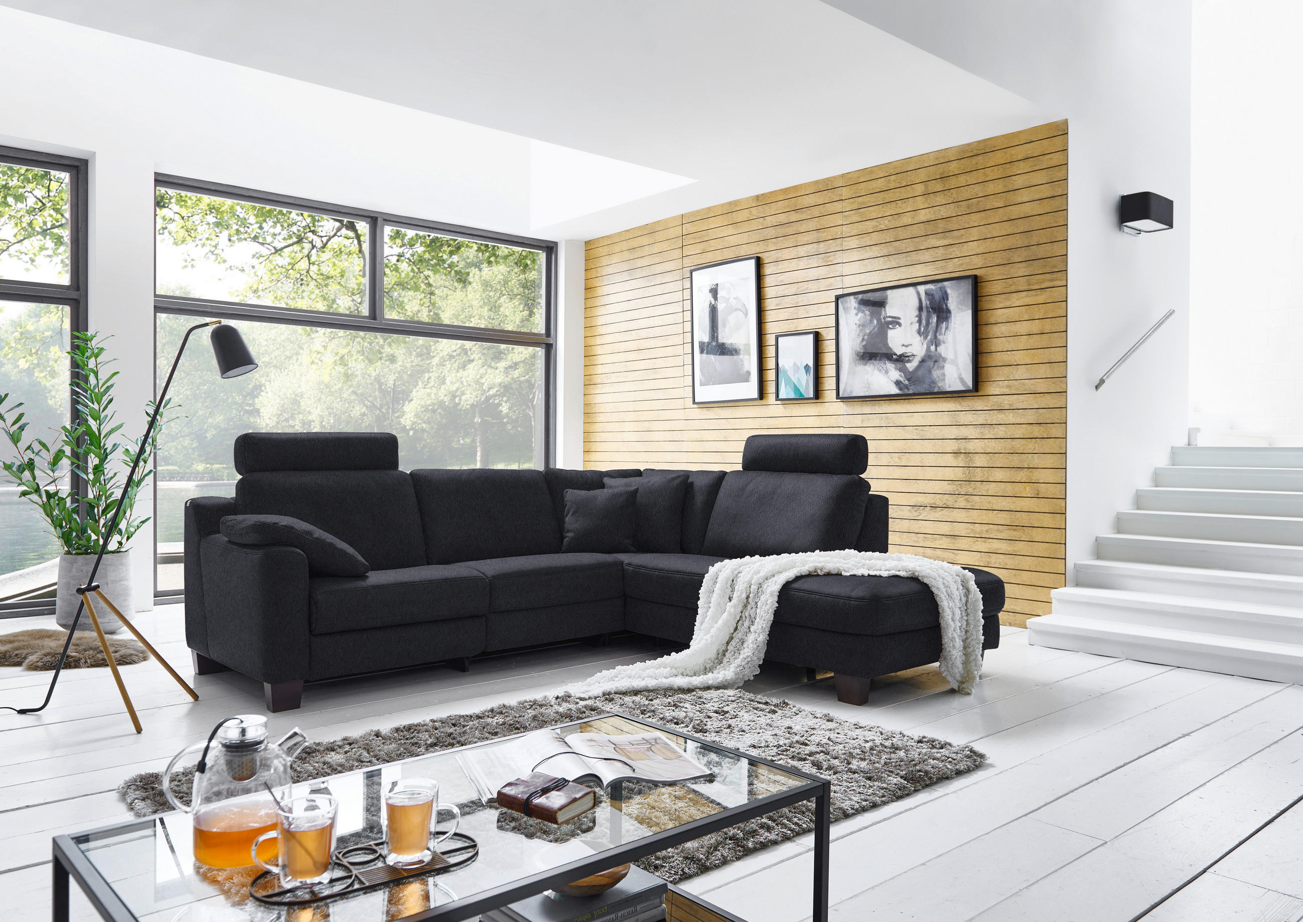 ECKSOFA in Echtleder Schwarz  - Eichefarben/Schwarz, Design, Leder/Holz (259/235cm) - Valdera