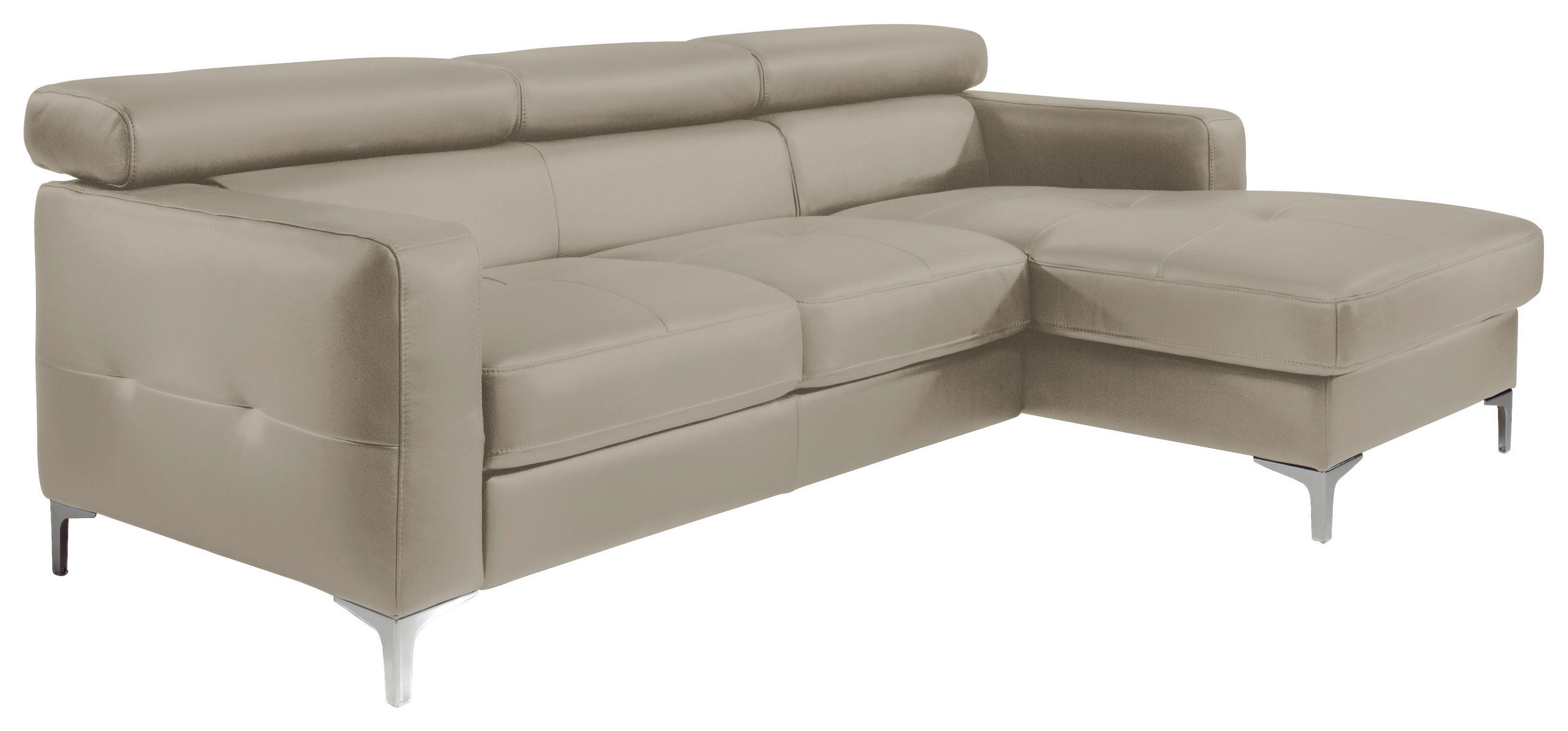 ECKSOFA Grau Echtleder Kopfteilverstellung, Kopfstütze  - Chromfarben/Grau, Design, Leder/Metall (226/169cm) - Livetastic