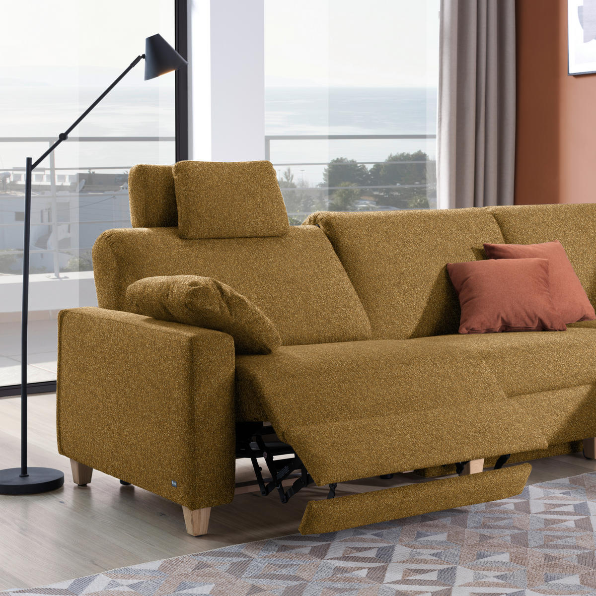 ECKSOFA  in Mikrovelours Senfgelb  261/203 cm  - Eichefarben/Senfgelb, KONVENTIONELL, Holz/Textil (261/203cm) - Sedda