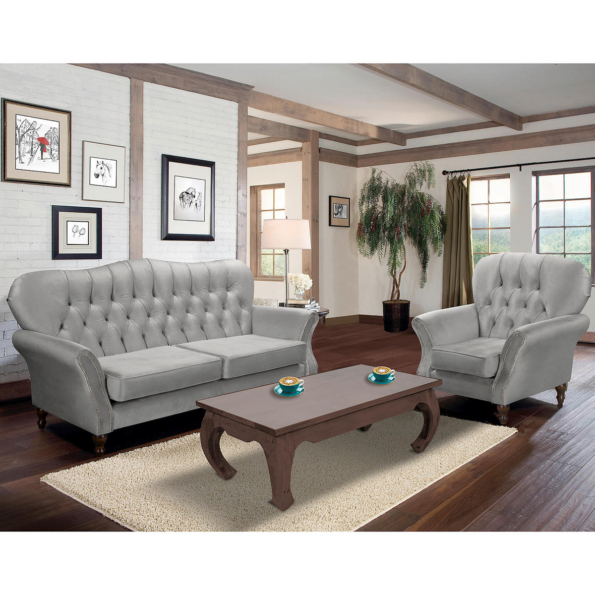 3-SITZER-SOFA Jersey in Velours Grau  - Dunkelbraun/Grau, Design, Holz/Textil (210/98/95cm) - P & B