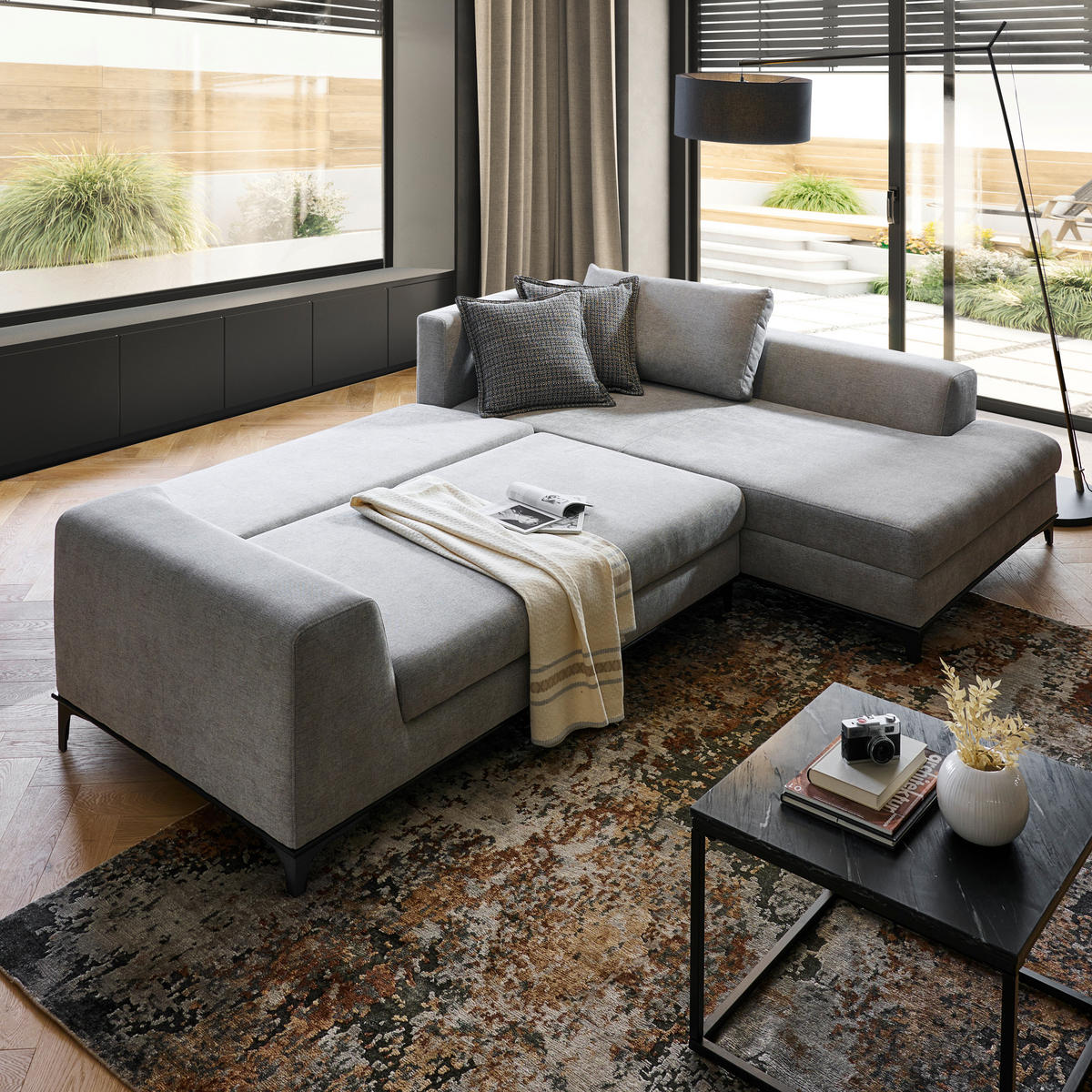 ECKSOFA in Webstoff Grau  - Schwarz/Grau, Design, Textil/Metall (314/211cm) - Stylife