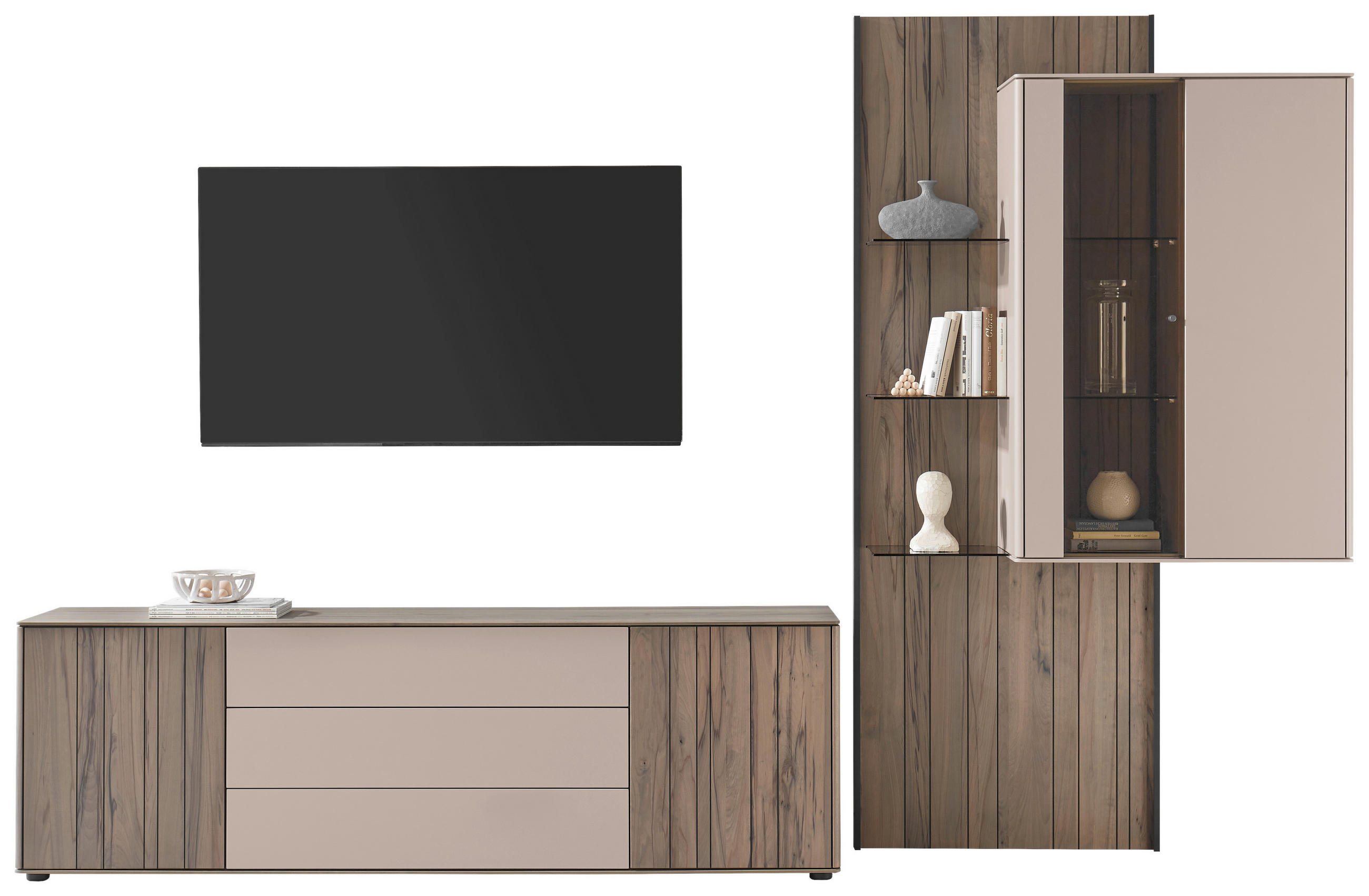 WOHNWAND 324/213/46 cm  in Buchefarben, Sandfarben  324/213/46 cm    - Sandfarben/Buchefarben, Design, Glas/Holz (324/213/46cm) - Johann Jakob