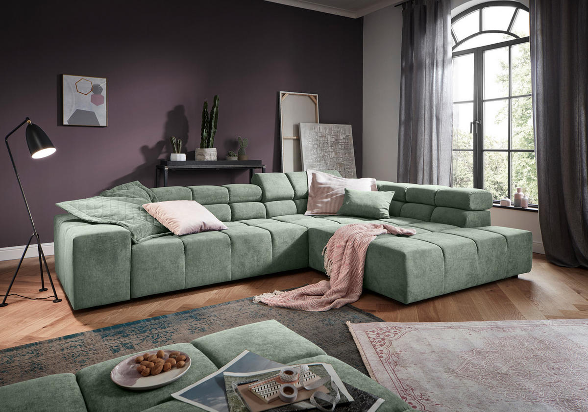 ECKSOFA in Velours Mintgrün  - Schwarz/Grau, Design, Kunststoff/Textil (317/213cm) - Hom`in