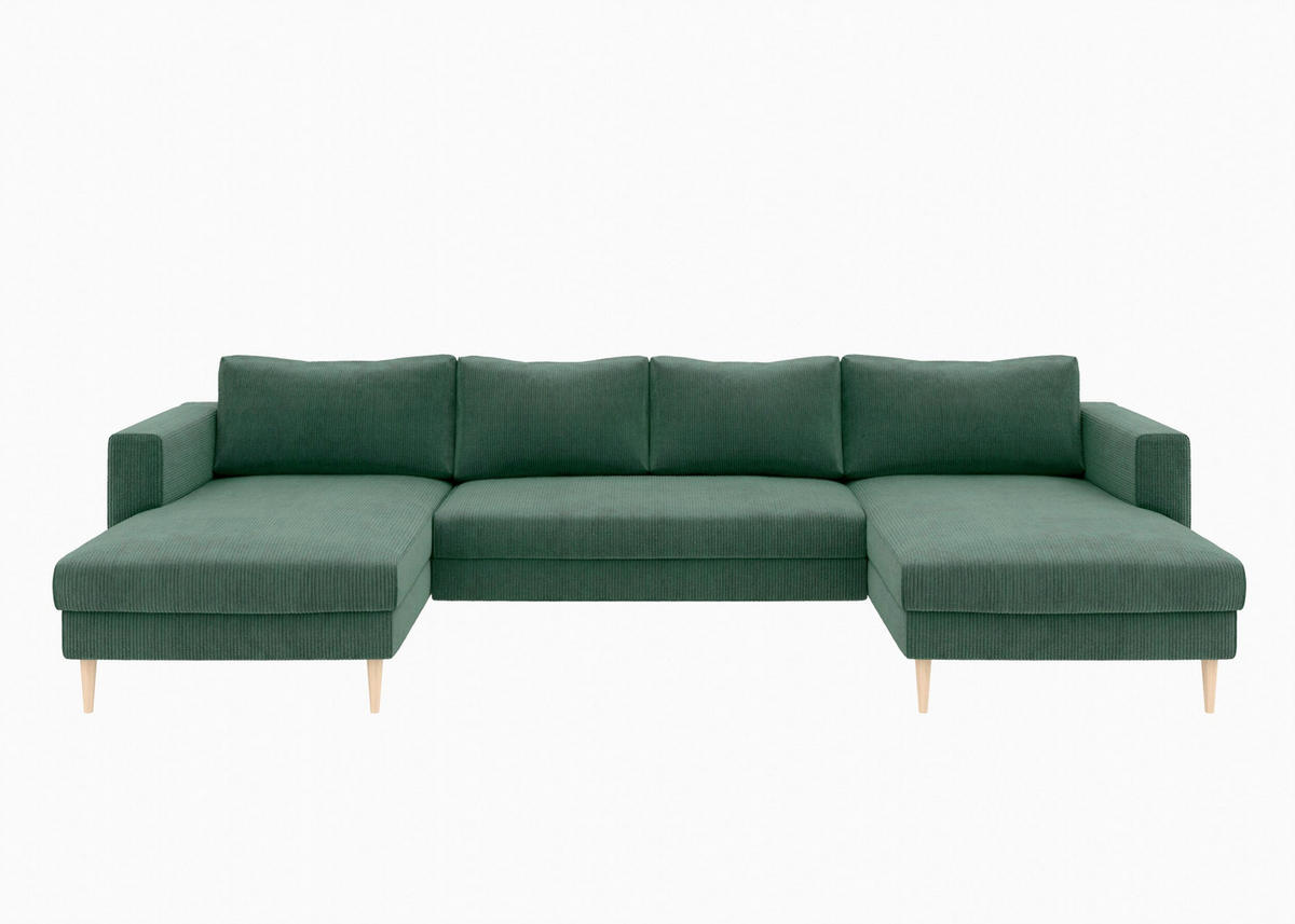 WOHNLANDSCHAFT Dunkelgrün Cord  - Dunkelgrün/Buchefarben, MODERN, Holz/Textil (161/306/161cm) - Trendmanufaktur