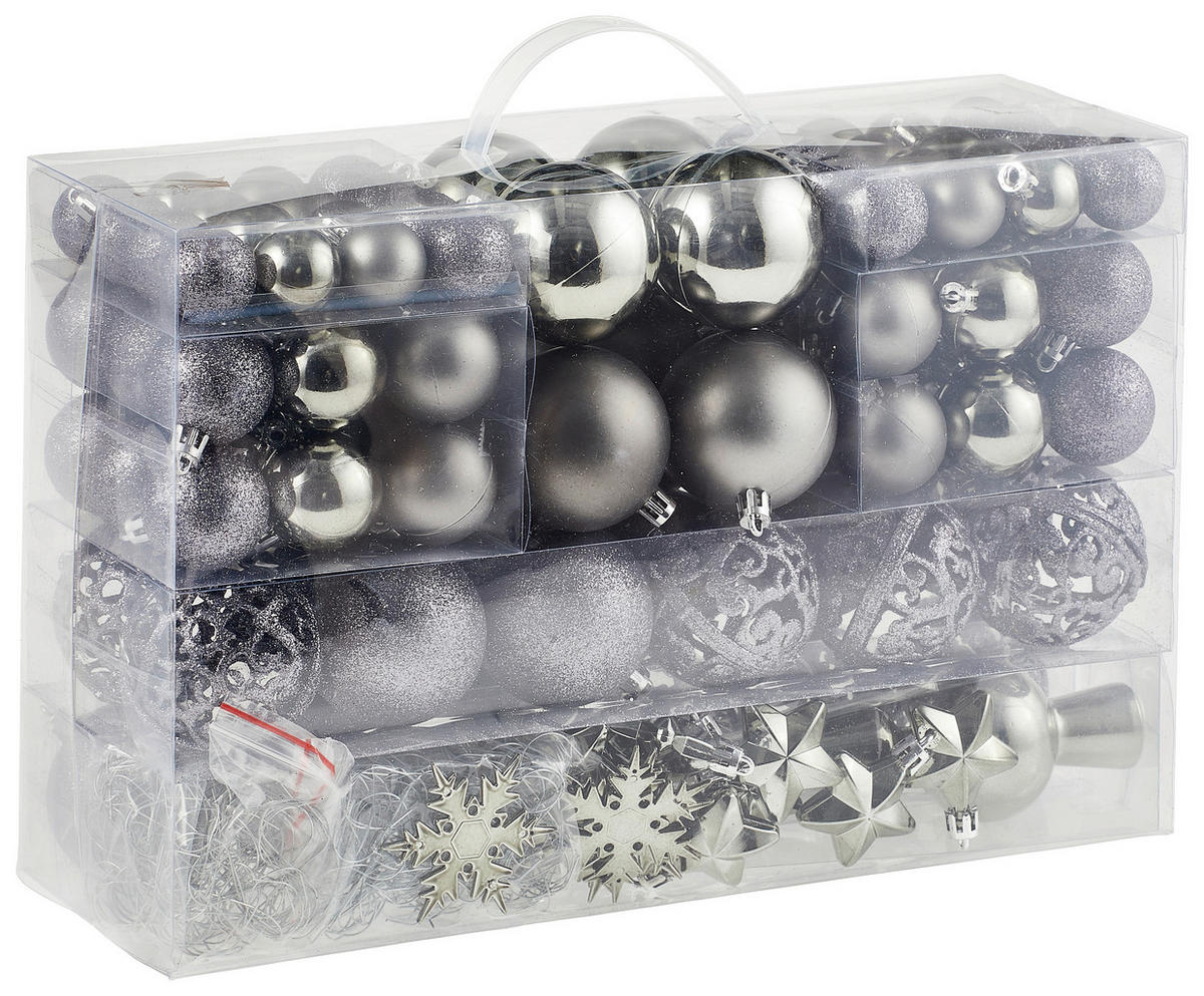 SADA VIANOČNÝCH GULÍ  111-dielne - sivá, Trend, plast (36/23/12cm) - X-Mas