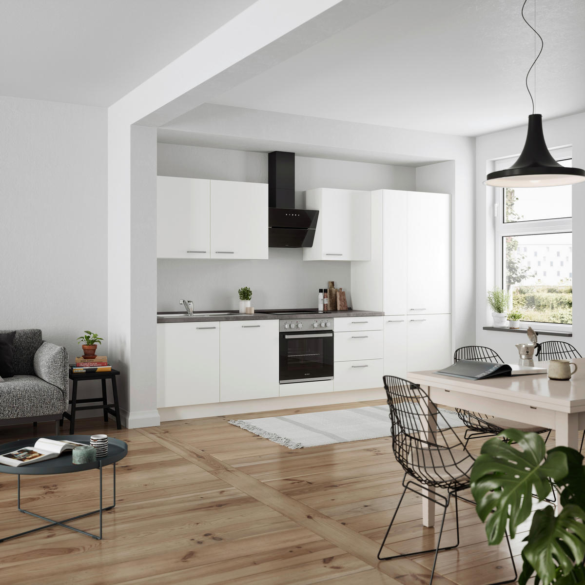 BUCĂTĂRIE FĂRĂ ELECTROCASNICE  - alb/culoare inox, Modern, metal/material pe bază de lemn (330cm) - Nobilia