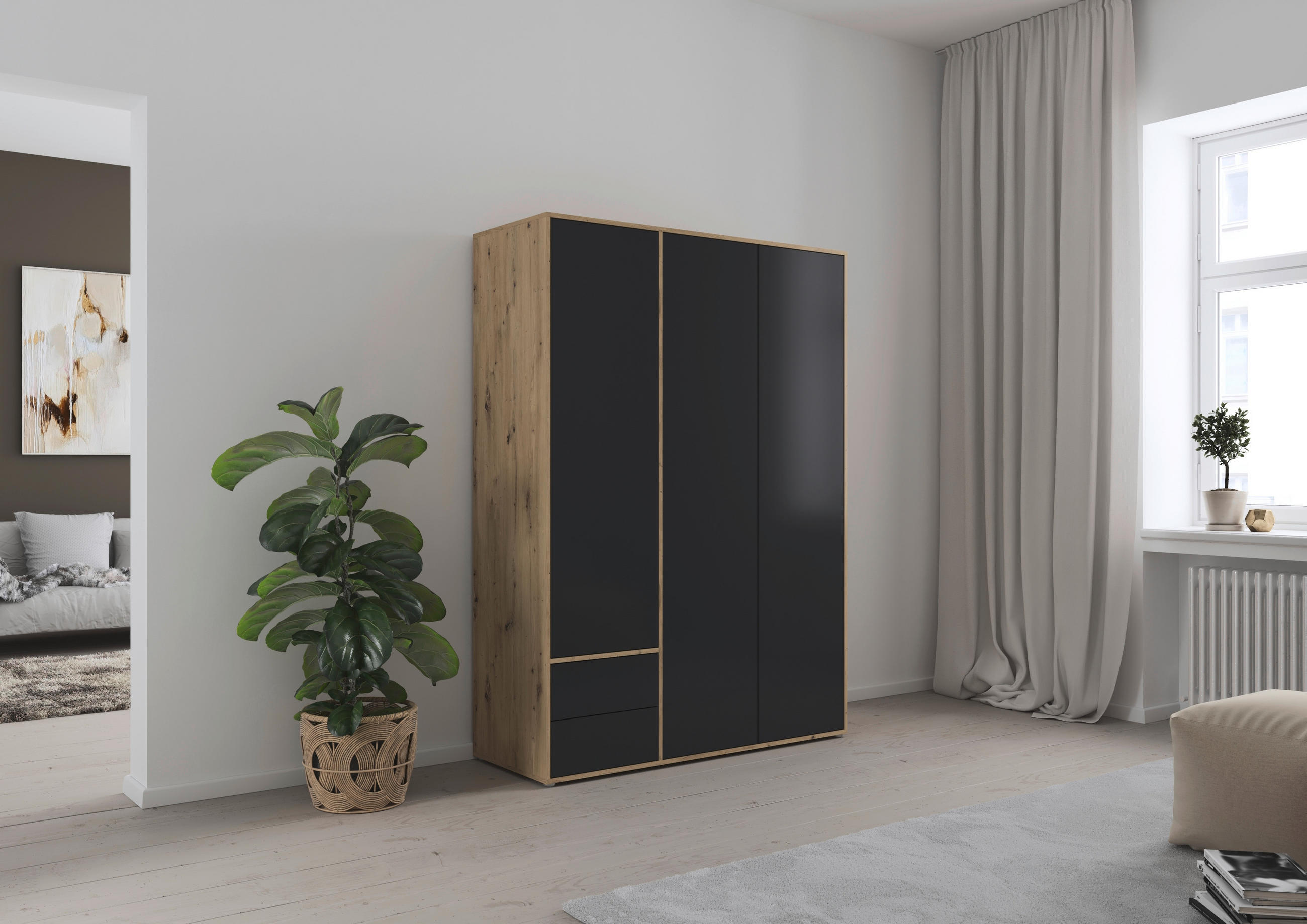 DREHTÜRENSCHRANK in Grau, Eiche Artisan  - Eiche Artisan/Grau, Modern, Holzwerkstoff (140/194/53cm) - Rauch Möbel