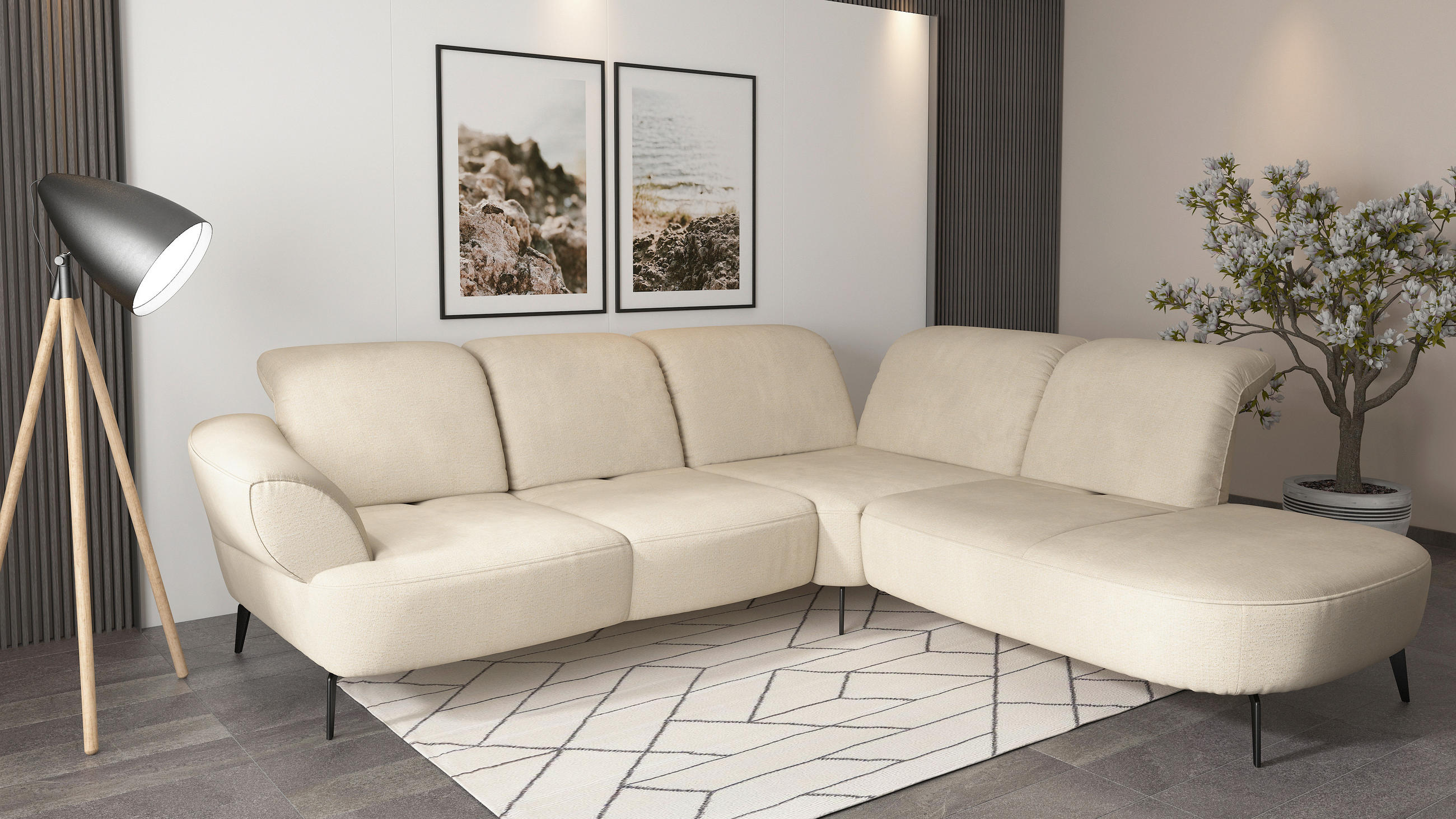 ECKSOFA in Chenille Sandfarben - Sandfarben/Schwarz, Modern, Textil/Metall (302/270cm) - Sit & More