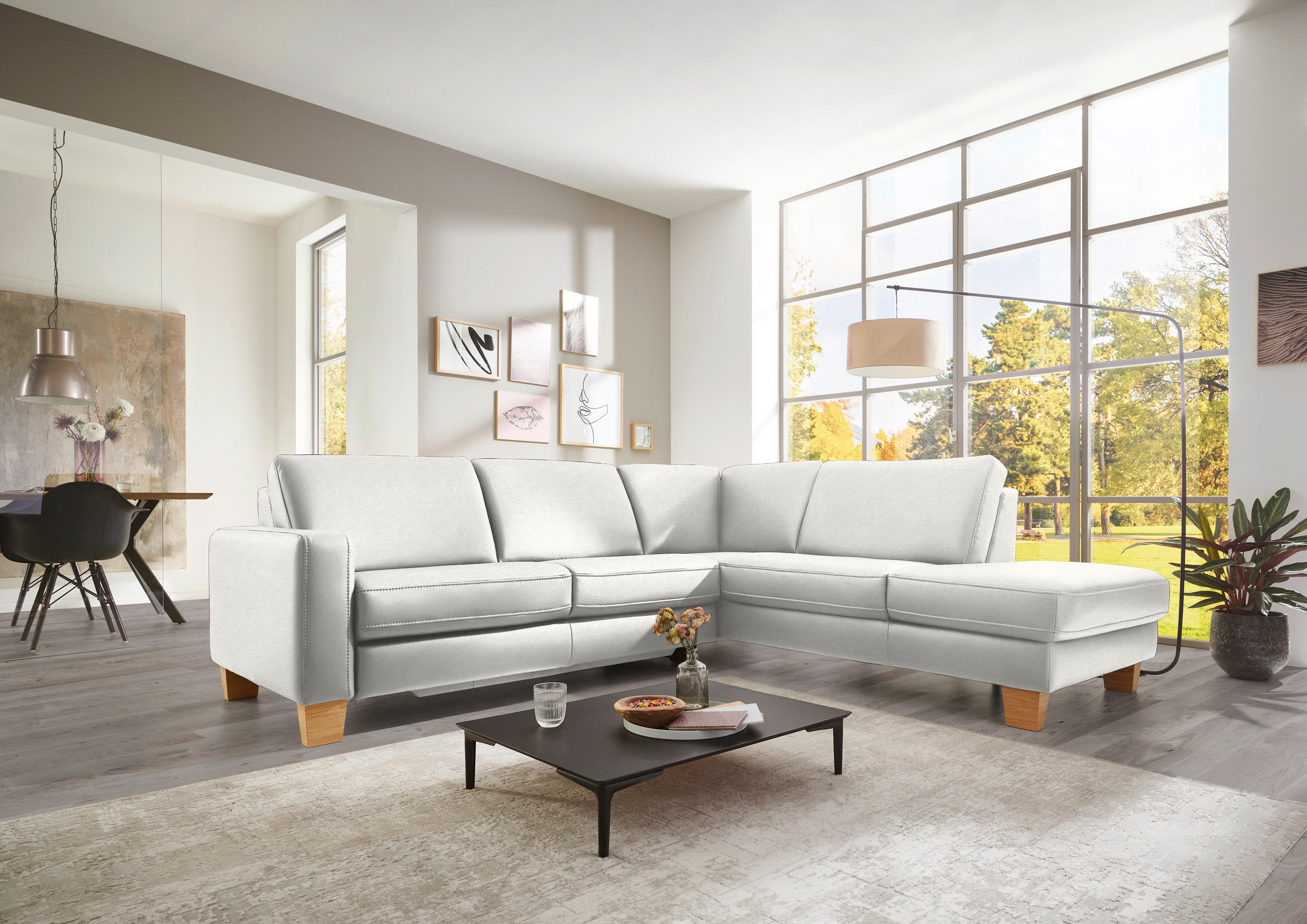 ECKSOFA in Echtleder Weiss  - Eiche Bianco/Weiss, Konventionell, Leder/Holz (257/235cm) - Valdera
