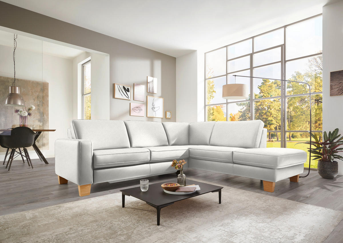 ECKSOFA in Echtleder Weiss  - Eiche Bianco/Weiss, Konventionell, Leder/Holz (257/235cm) - Valdera