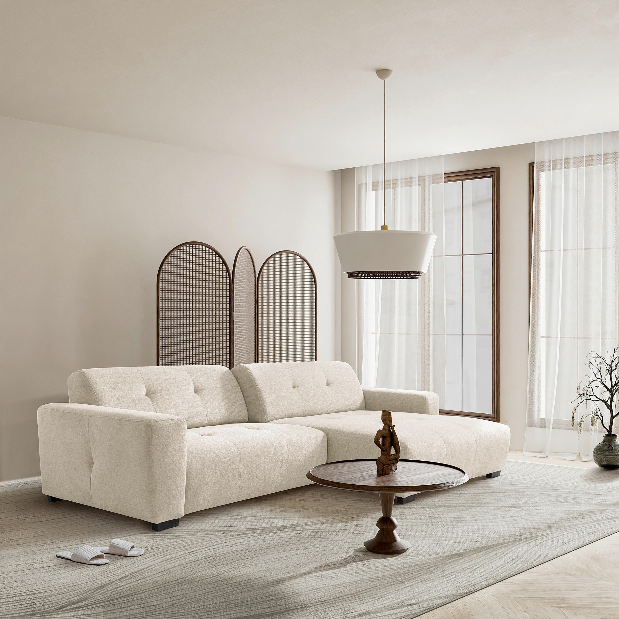 ECKSOFA AUSTIN Beige Flachgewebe Sitztiefenverstellung  - Beige/Schwarz, Design, Kunststoff/Textil (286/169cm) - Livetastic